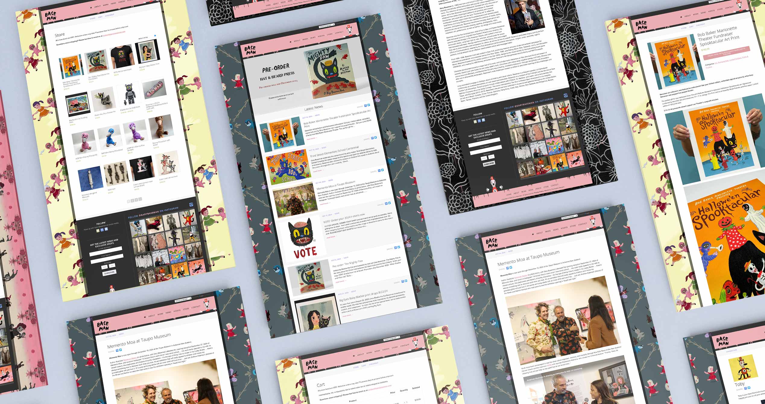 Various pages of Gary Baseman's responsive website