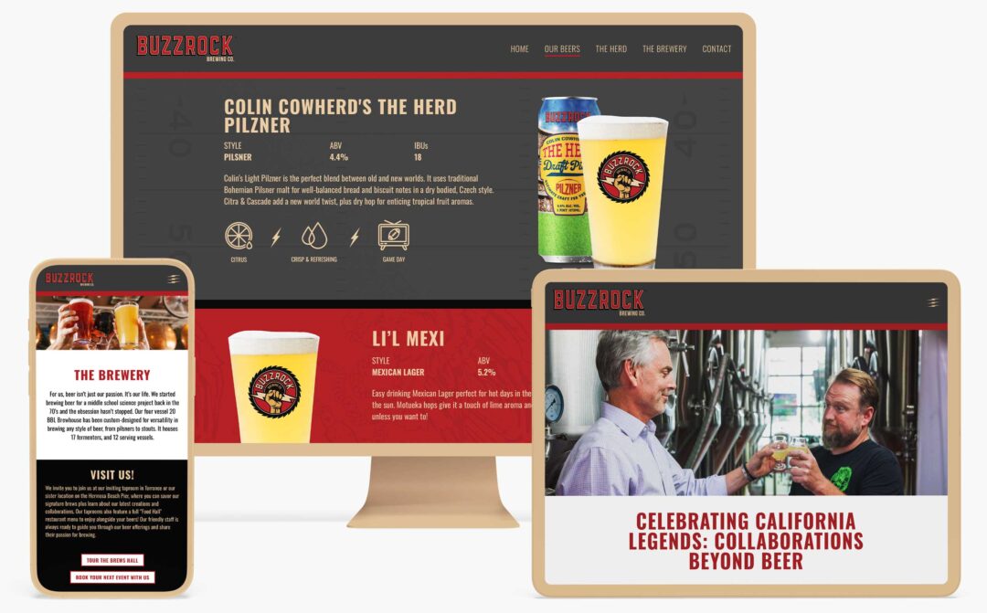 Various pages of the Buzzrock Brewing Co. responsive website shown on a phone, desktop, and tablet