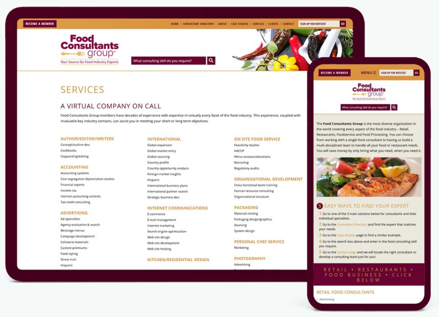 Responsive website for Food Consultants Group shown on a phone and tablet