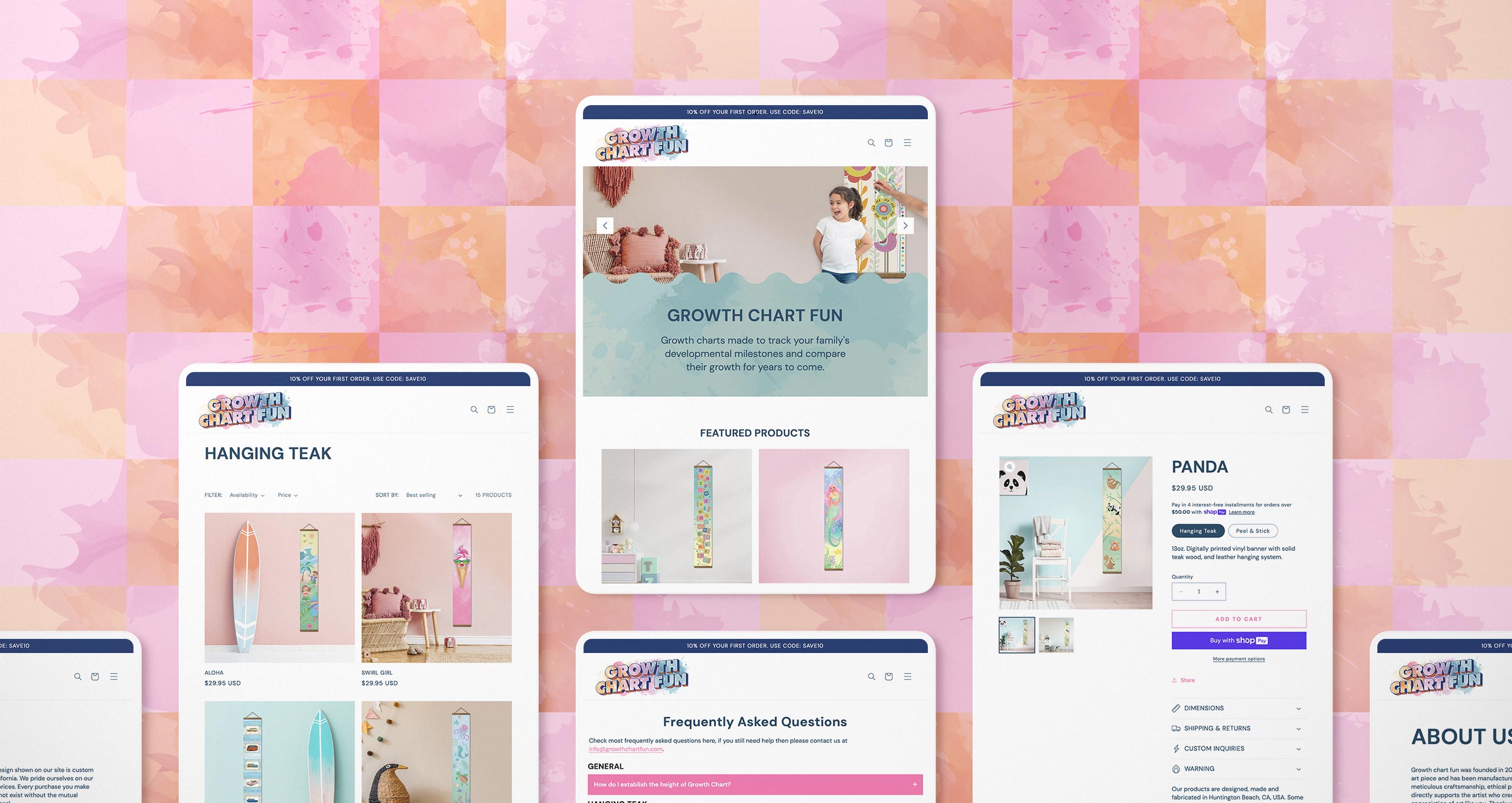 Various pages of the Growth Chart Fun responsive website