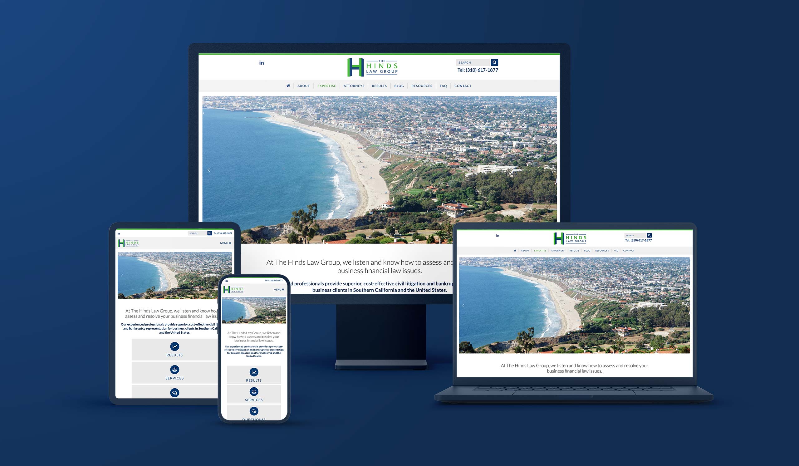 The Hinds Law Group responsive website shown on various devices