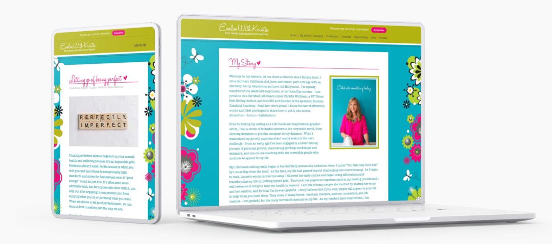 Various pages of the responsive website for Kristie Scott shown on a tablet and laptop