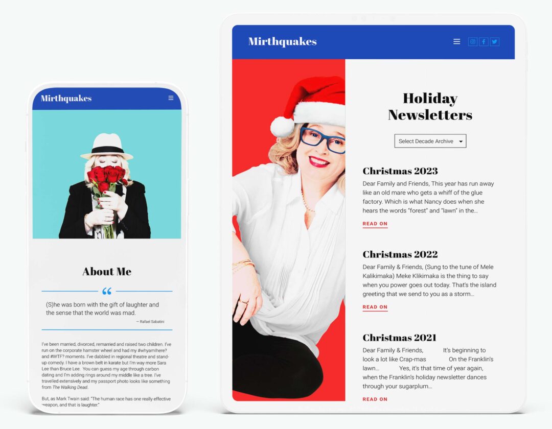 Nancy Franklin's Mirthquakes website shown on a phone and tablet