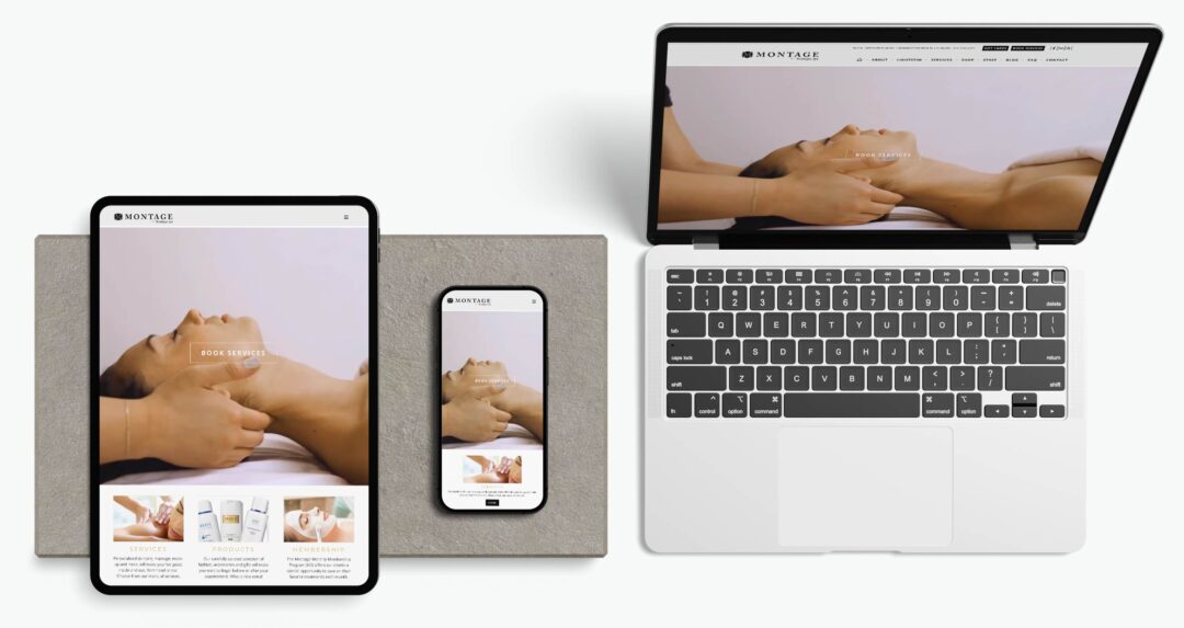 Montage Boutique Spa responsive website shown a tablet, phone, and laptop