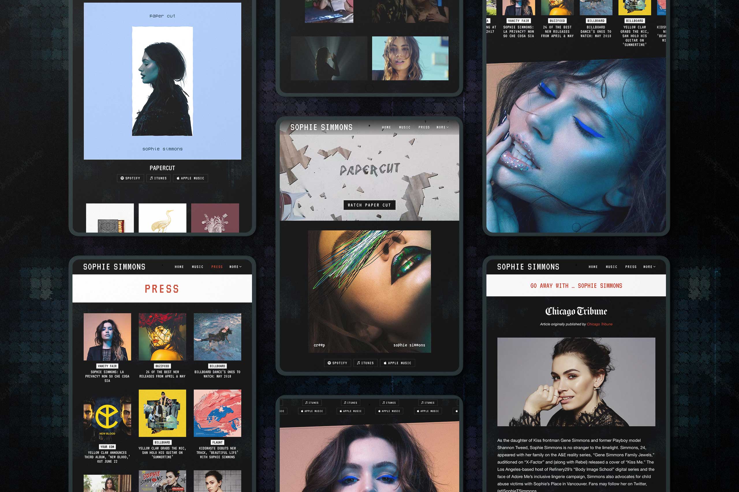 Various pages of Sophie Simmons' responsive website