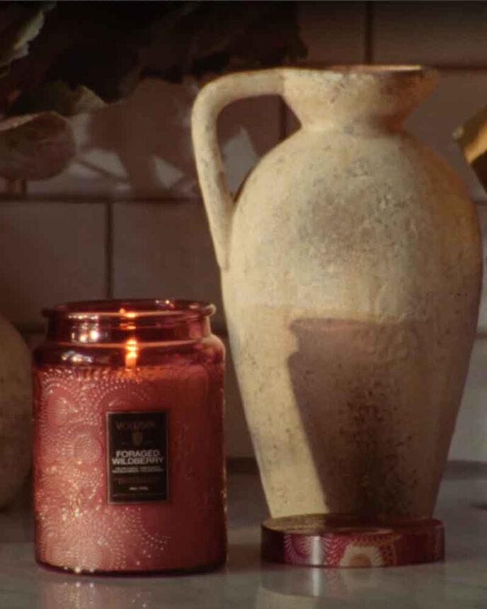 Voluspa candle on counter